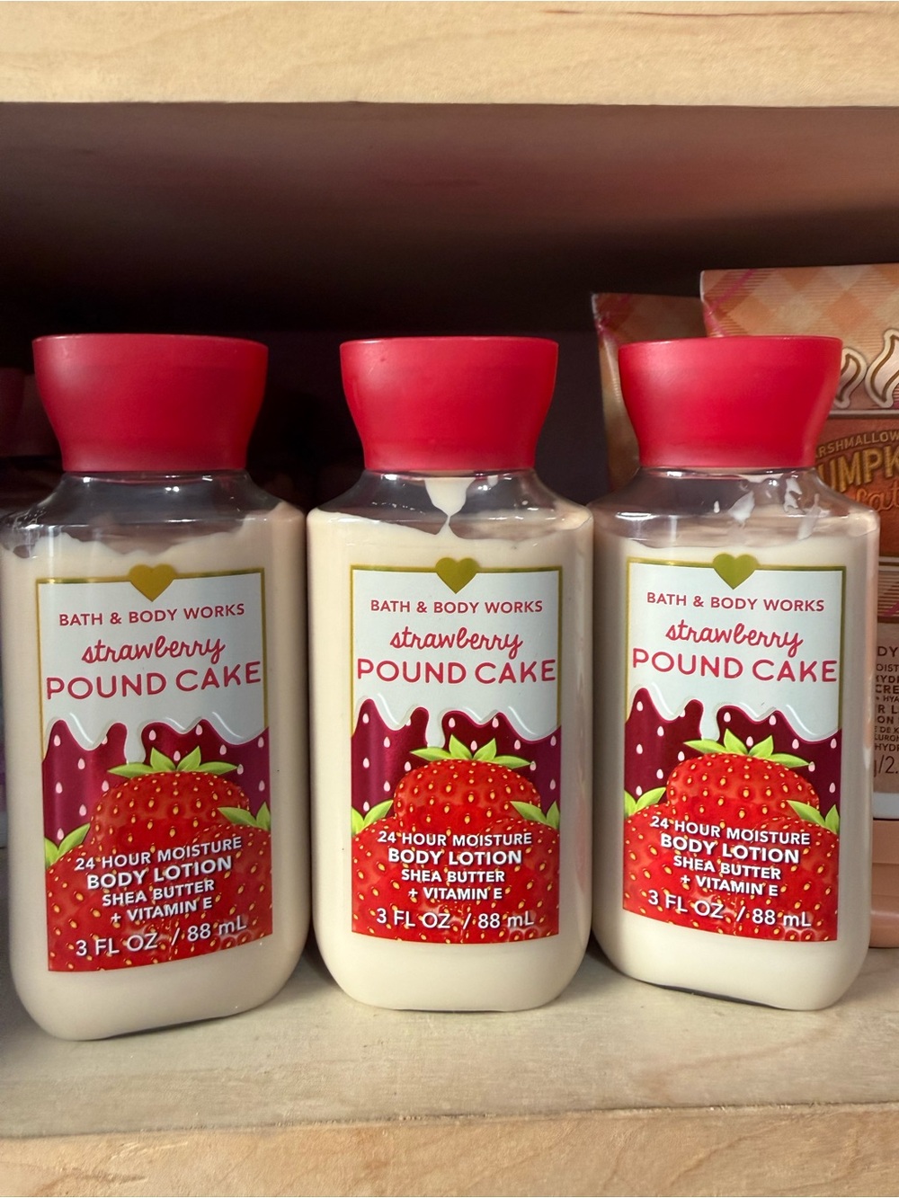 3 Bath & Body Works Strawberry Pound Cake Lotion Bottles - Red Caps